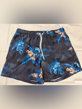 Men's Black Floral Swim Shorts with Blue Accents